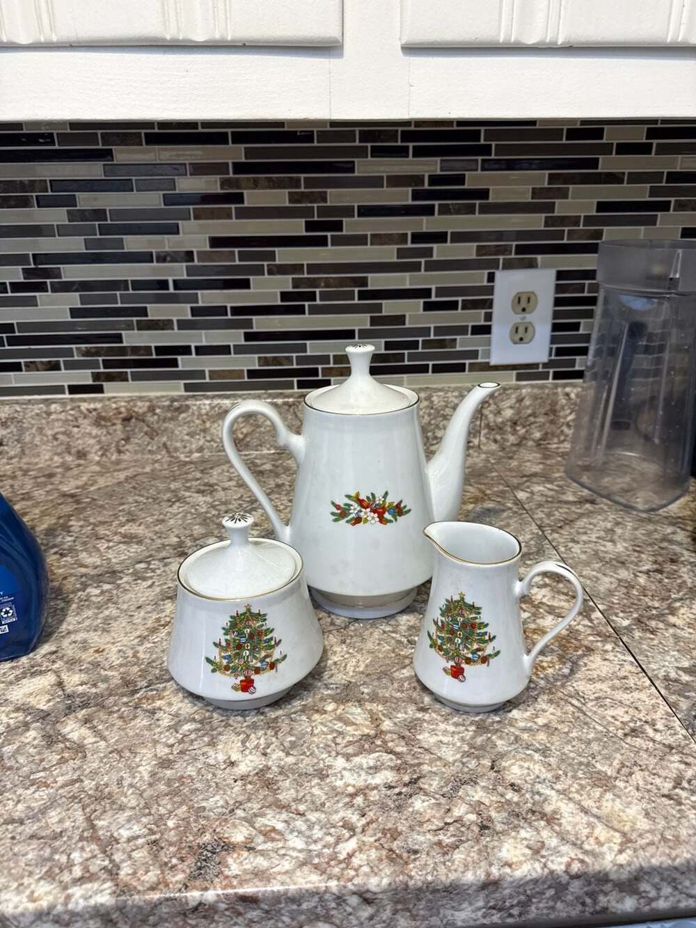 Crown Ming Fine China Christmas Tree 3-Piece Tea Set - Teapot, Sugar Bowl, Cream
